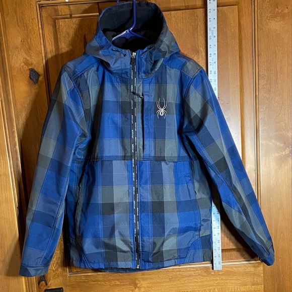 Spyder Blue Black & Gray Checkered Snowboard and Ski Hooded Jacket, Mens M - Picture 1 of 14
